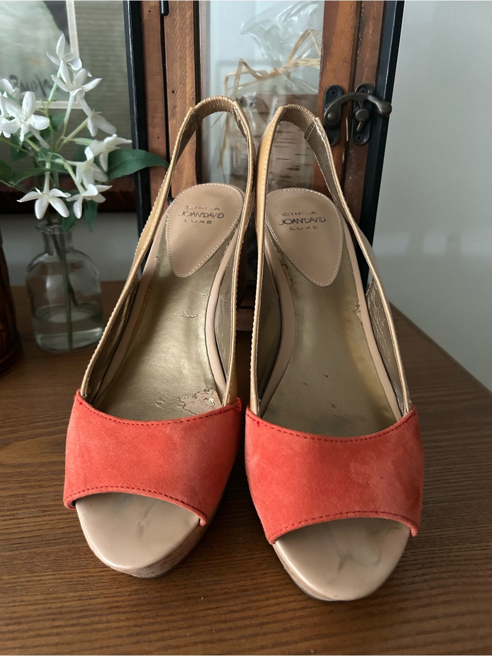 Joan & David Coral-Orange Suede Peep-Toe Slingback Wedges